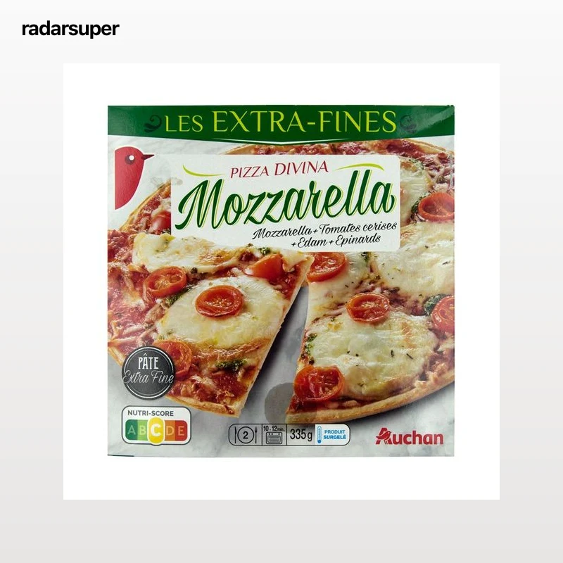 AUCHAN Pizza de mozzarella, tomates cereza, queso Edam y espinacas con masa extra fina 335 g. Producto Alcampo