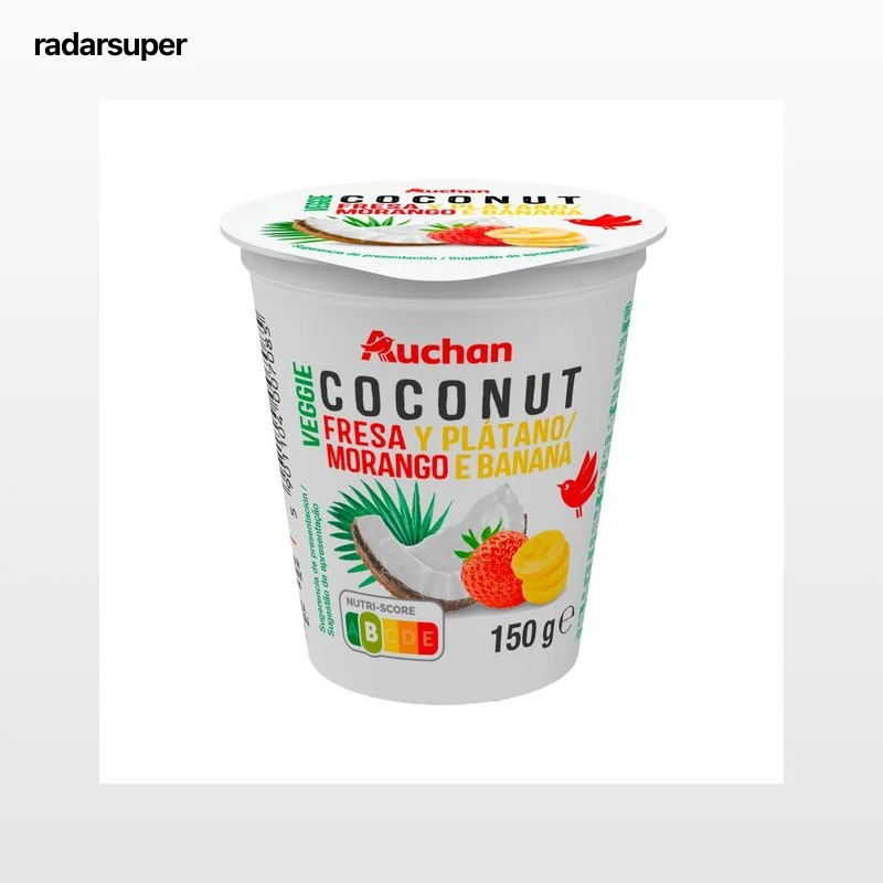 AUCHAN Producto vegetal de coco con fresa-platano sin azúcar 150 g. Producto Alcampo.