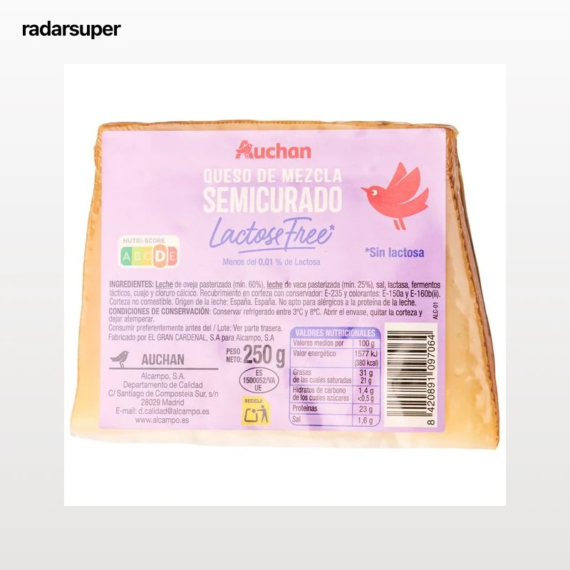 AUCHAN Queso semicurado cuña sin lactosa 250 g Producto Alcampo.