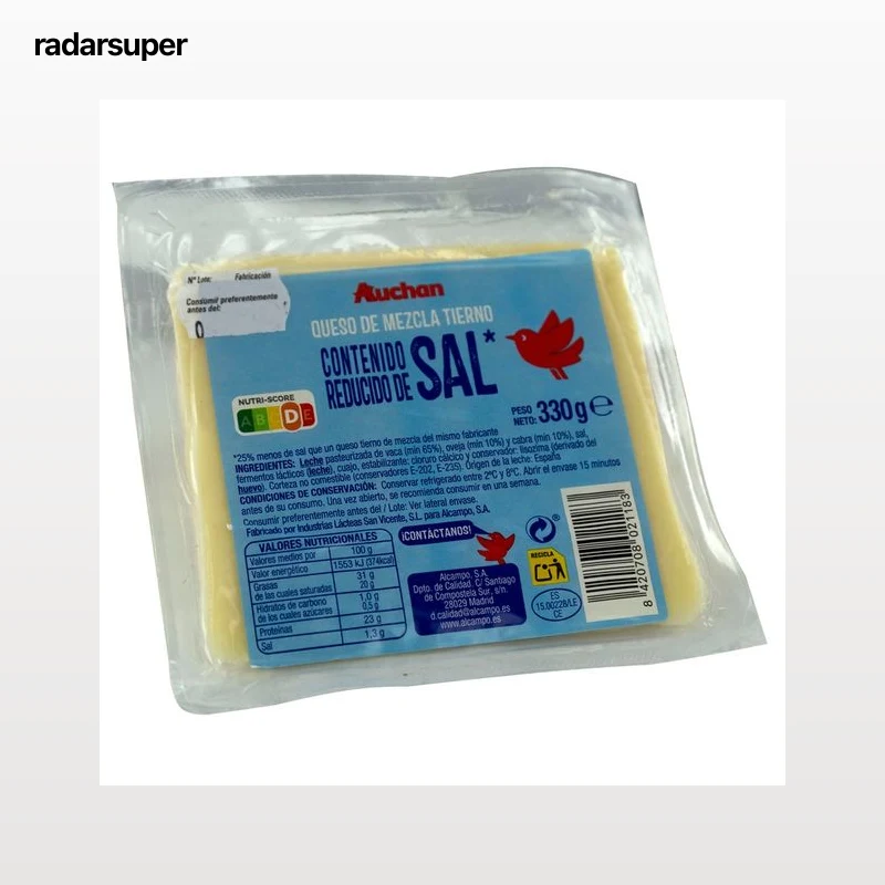 AUCHAN Queso tierno mezcla (vaca y cabra) con contenido reducido en sal 330 g. Producto Alcampo