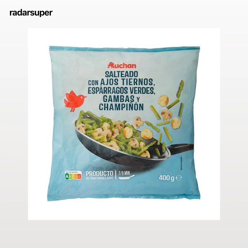 AUCHAN Revuelto de ajetes, espárragos trigueros y gambas 400 g. Producto Alcampo