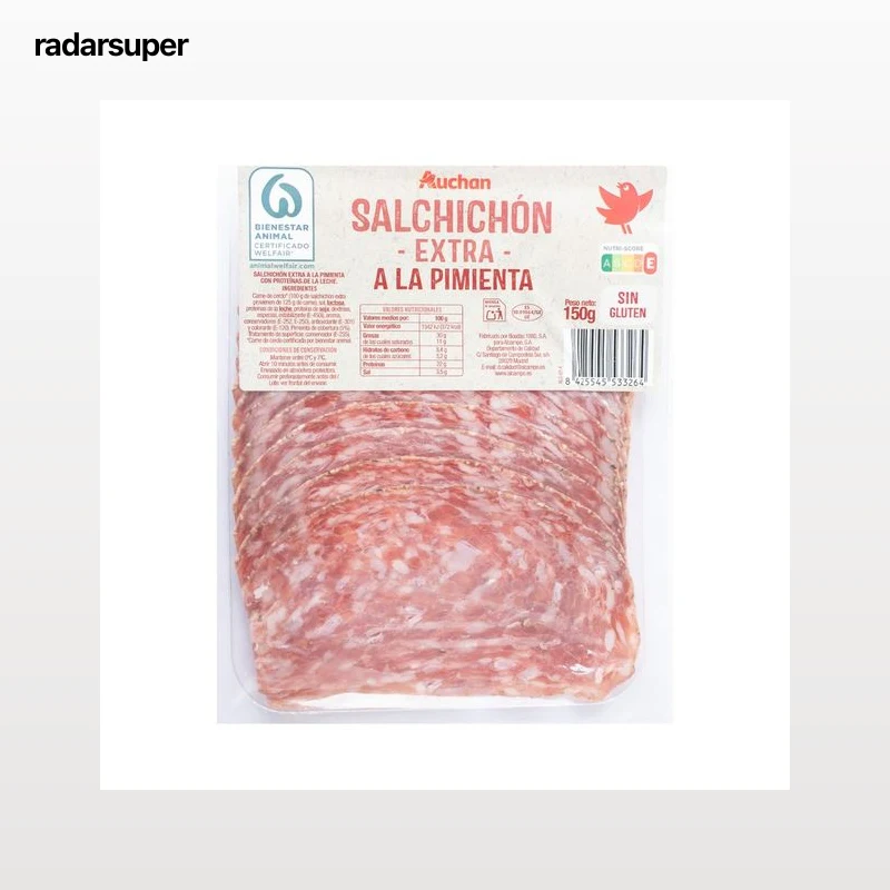 AUCHAN Salchichón a la pimienta de categoria extra, sin gluten y cortado en lonchas 150 g. Producto Alcampo