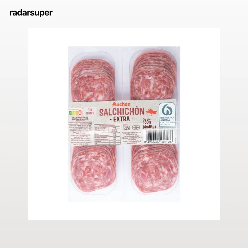 AUCHAN Salchichón extra, elaborado sin gluten y cortado en lonchas 4 x 45 g. Producto Alcampo
