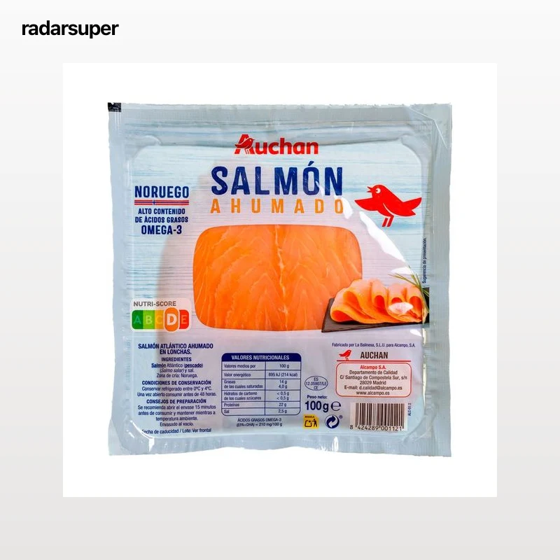 AUCHAN Salmón ahumado Noruego en lonchas 100 g. Producto Alcampo