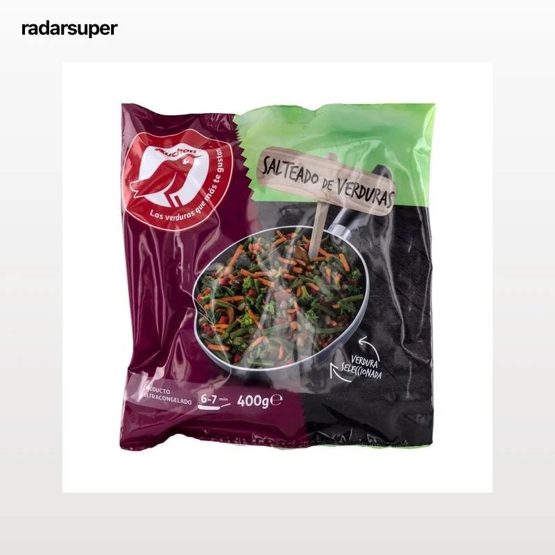 AUCHAN Salteado de verduras seleccionadas (judía verde fina, cebolla, pimiento rojo, brócoli y champiñón) 400 g. Producto Alcampo