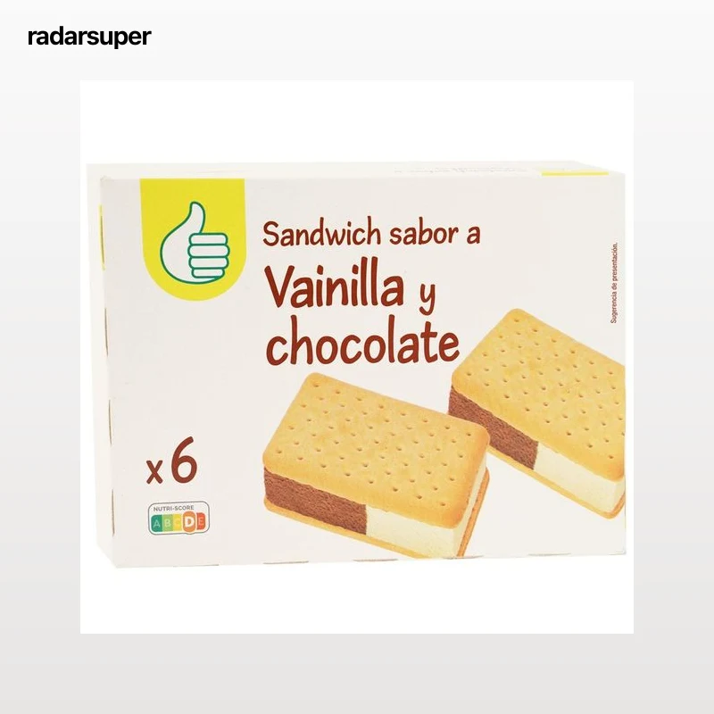 AUCHAN Sándwich de galleta relleno de helado sabor a vainilla y chocolate 6 x 100 ml. Producto Alcampo