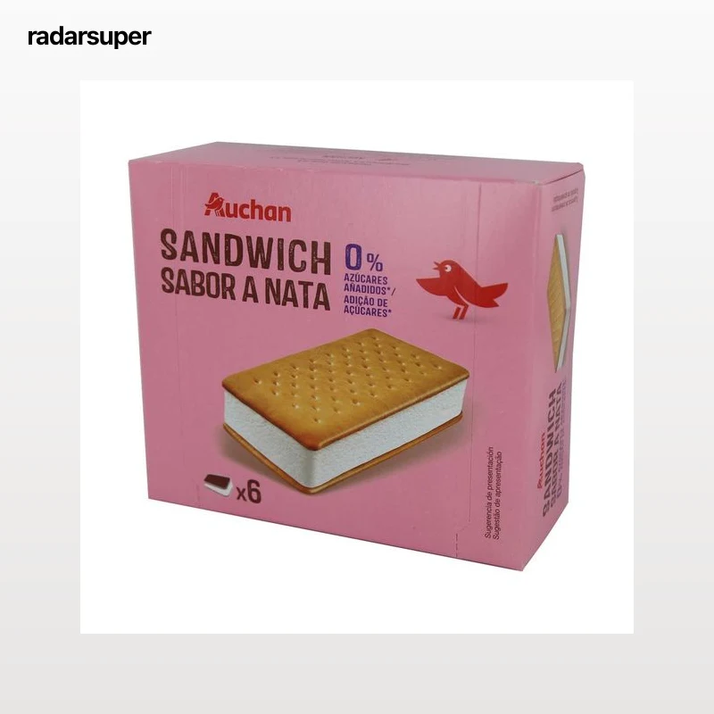 AUCHAN Sandwich relleno de helado de nata, sin azucares añadidos 6 X 100 ml. Producto Alcampo