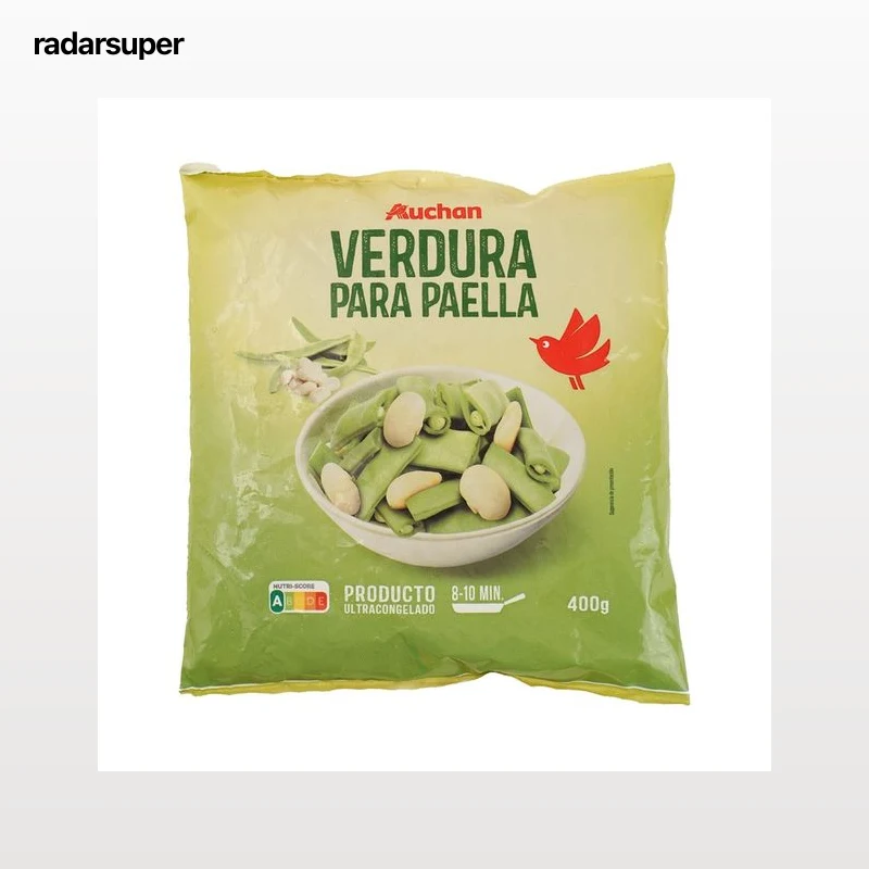 AUCHAN Selección ultracongelada de verduras para paella (judia verde plana, garrafón y alubia blanca) 450 g. Producto Alcampo