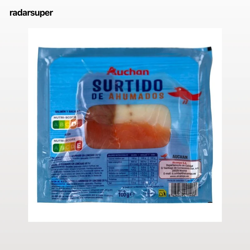 AUCHAN Surtido de ahumados (salmón, bacalao y atún de aleta amarilla ahumados) 100 g. Producto Alcampo