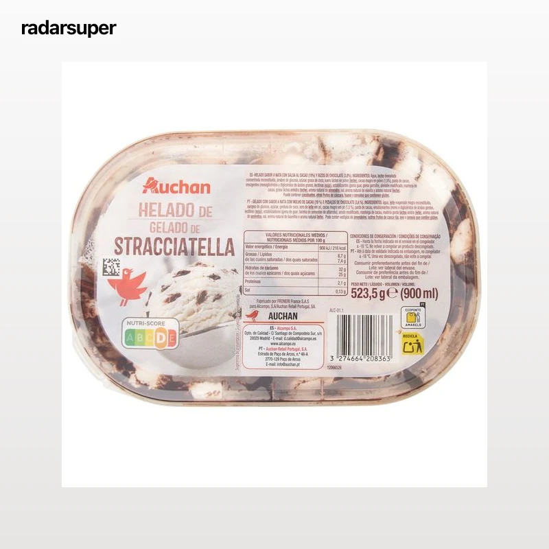 AUCHAN Tarrina de helado de stracciatella 900 ml. Producto Alcampo
