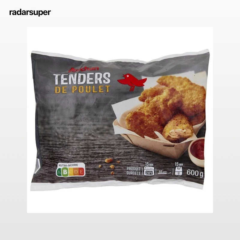 AUCHAN Tiras de pollo aromatizadas, empanadas y prefritas 600 g.