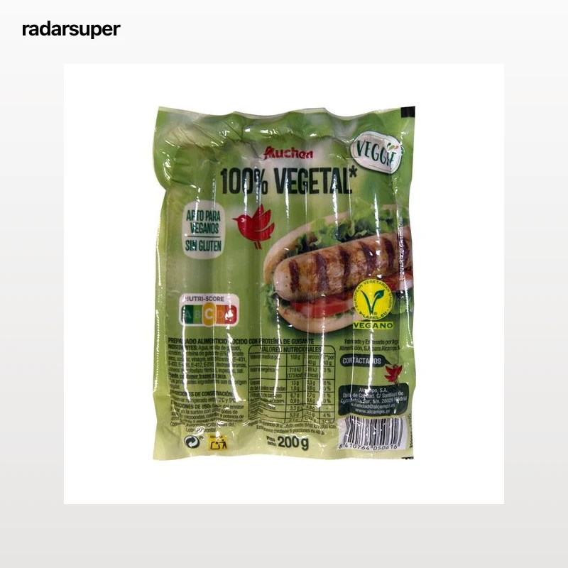 AUCHAN Veggie Salchichas cocidas 100% vegetales, a base de proteína de guisante 200 g. Producto Alcampo