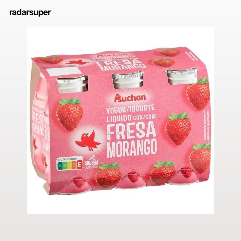 AUCHAN Yogur líquido para beber con fresa, elaborado sin gluten 6 x 93.5 ml. Producto Alcampo