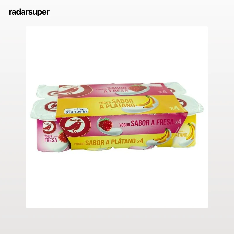 AUCHAN Yogur con sabores variados (4 de fresa y 4 de plátano) 8 x 125 g. Producto Alcampo