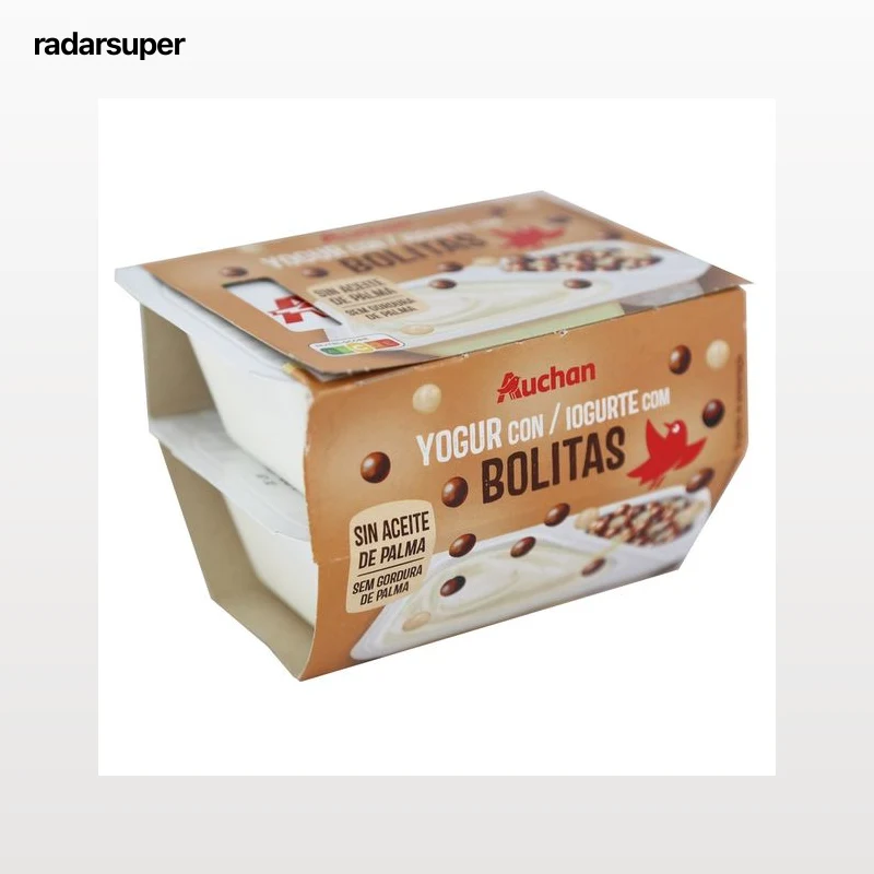 AUCHAN Yogur de vainilla con bolitas de chocolate negro, con leche y blanco 2 x 122 g. Producto Alcampo