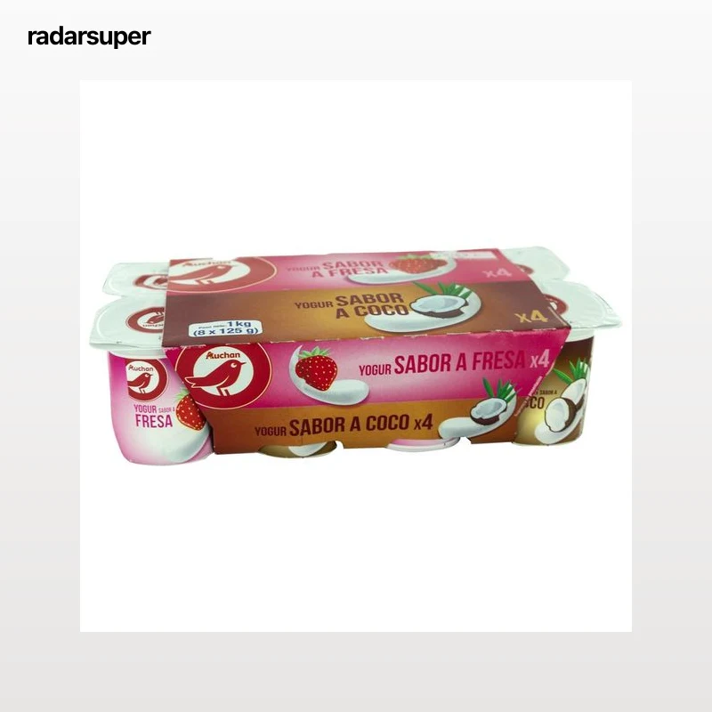 AUCHAN Yogures de sabores variados (4 de fresa y 4 de coco) 8 x 125 g. Producto Alcampo