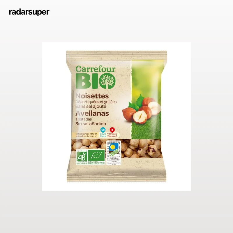 Avellanas tostadas ecológicas Carrefour Bio sin sal añadida 90 g.
