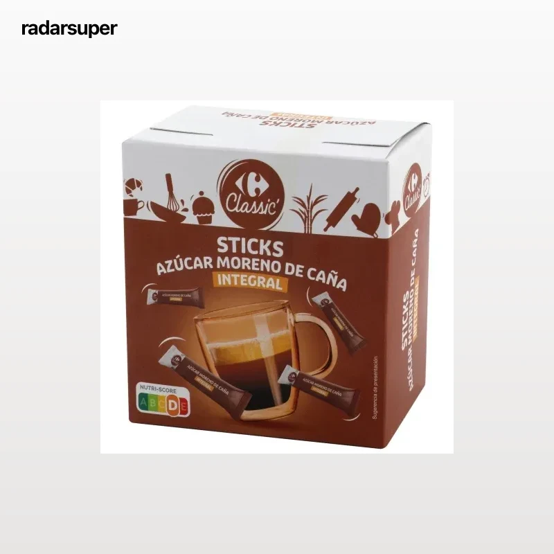 Azúcar moreno de caña integral en sticks Classic´ Carrefour 300 g.