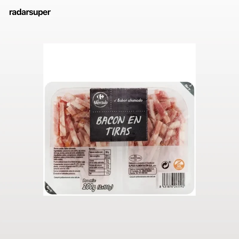 Bacón sabor ahumado en tiras Carrefour El Mercado sin gluten pack de 2 unidades de 100 g
