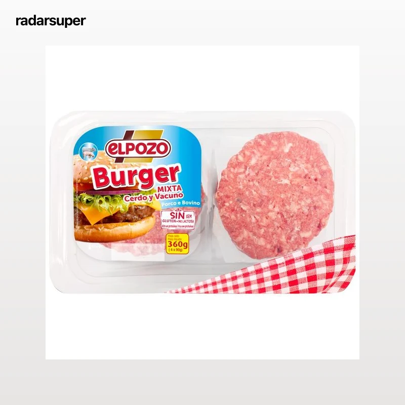 Bandeja con burger meat mixta (cerdo y vacuno) elaboradas sin gluten y sin lactosa EL POZO 4 x 90 g.