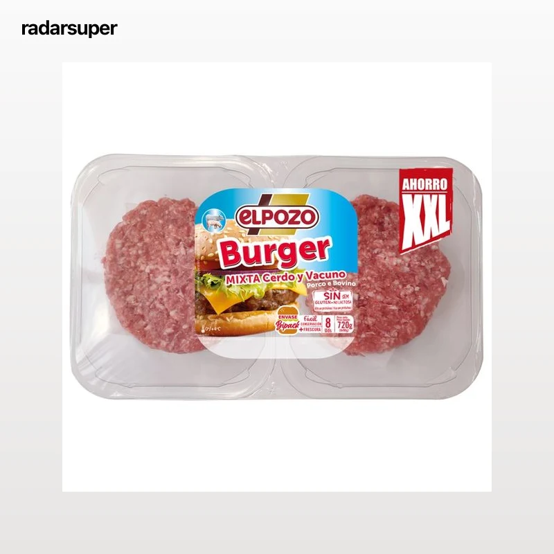Bandeja con burger meat mixta (vacuno-cerdo) EL POZO 8 x 90 g.