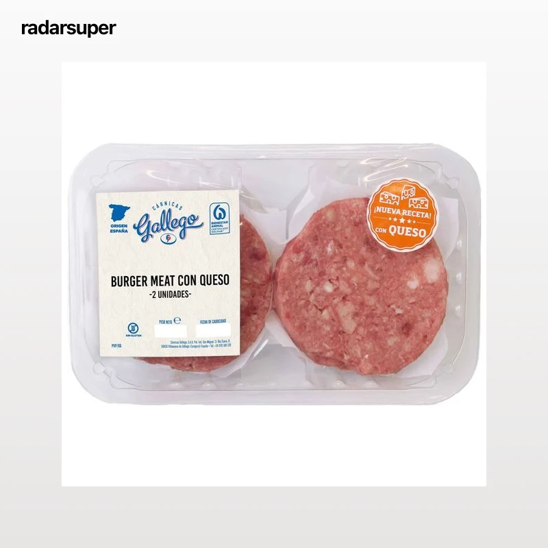 Bandeja con burger meat mixta (vacuno - cerdo) con queso GALLEGO 2 x 115 g.