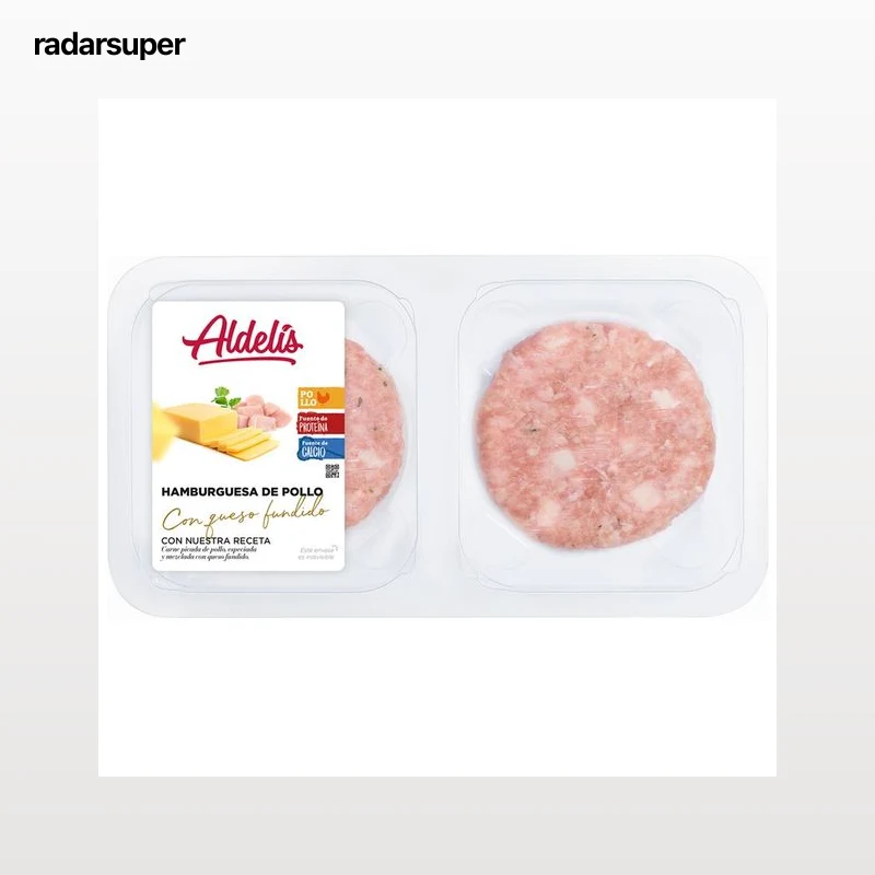 Bandeja de hamburguesas de pollo con trocitos de queso fundido ALDELÍS 4 x 80 g.