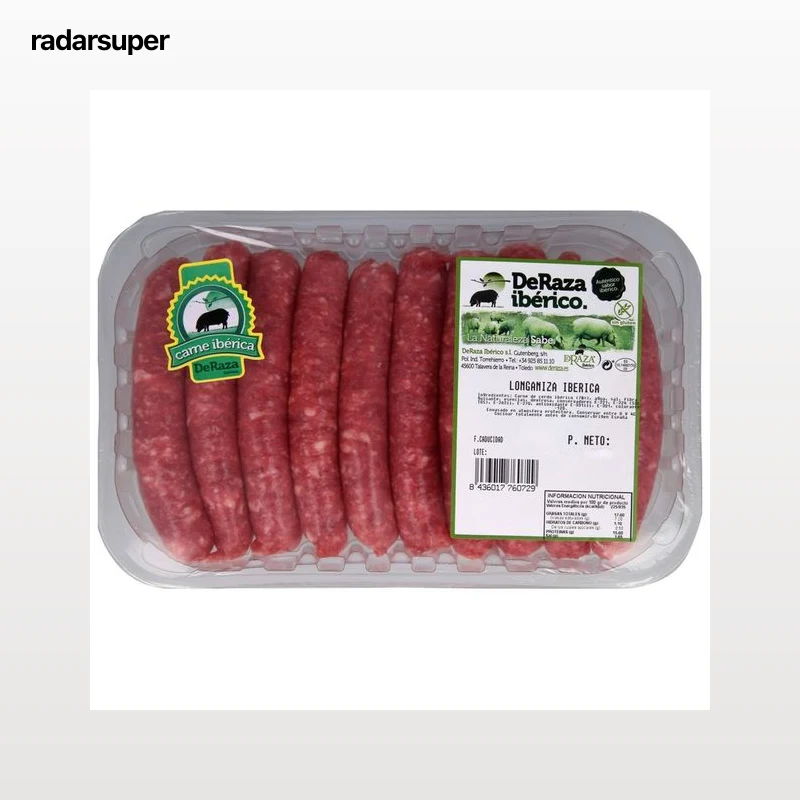 Bandeja de longaniza blanca (salchichas), fresca e ibérica, elaboradas sin gluten DERAZA