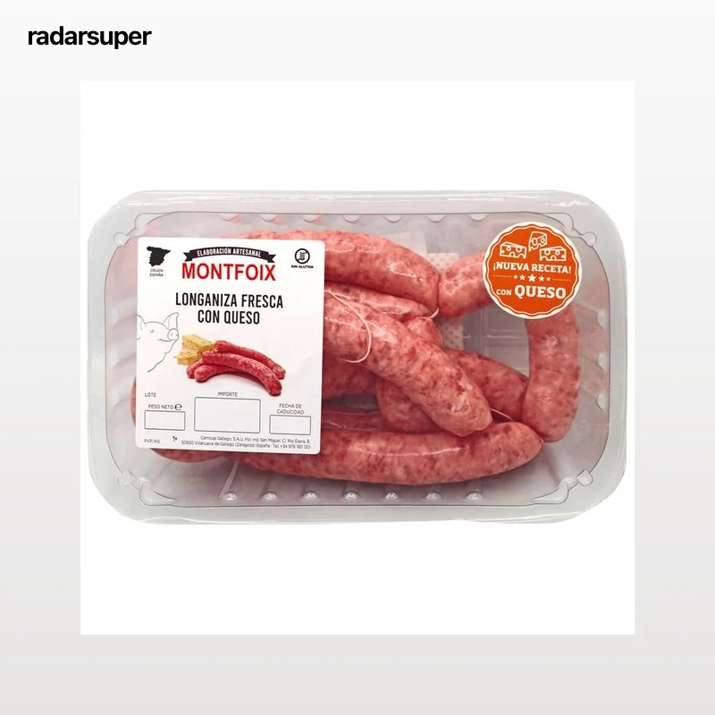 Bandeja con longanizas frescas de cerdo con queso, elaboradas sin gluten MONTFOIX
