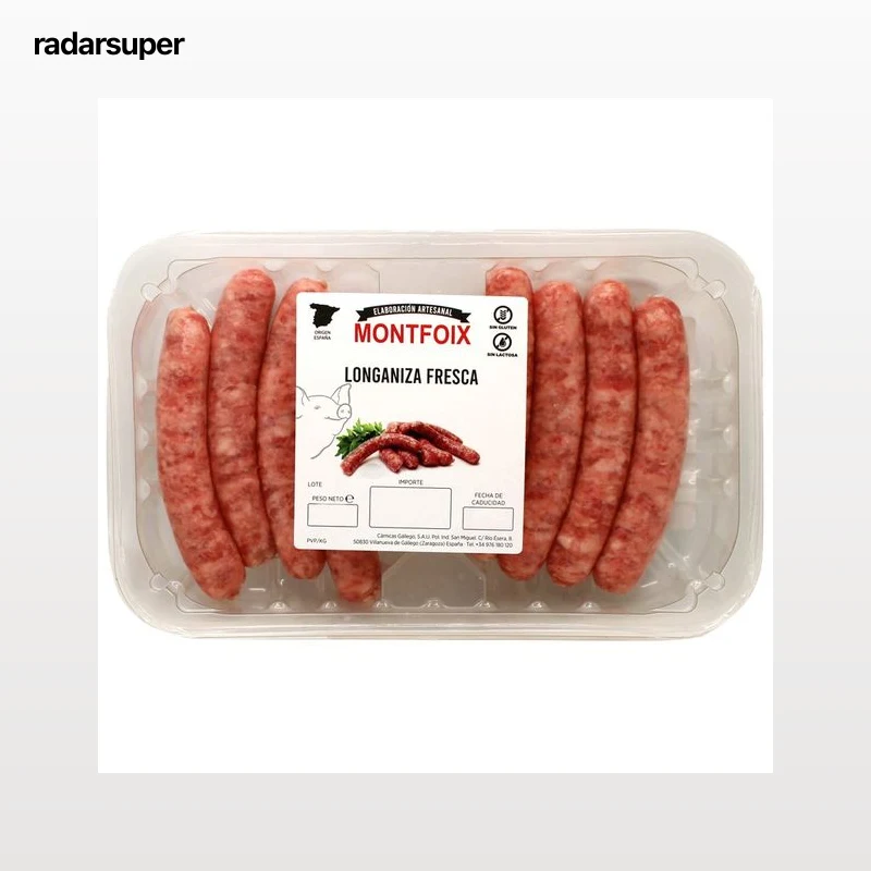 Bandeja de longanizas frescas de cerdo, tipo salchichas, elaboradas sin gluten ni lactosa MONTFOIX