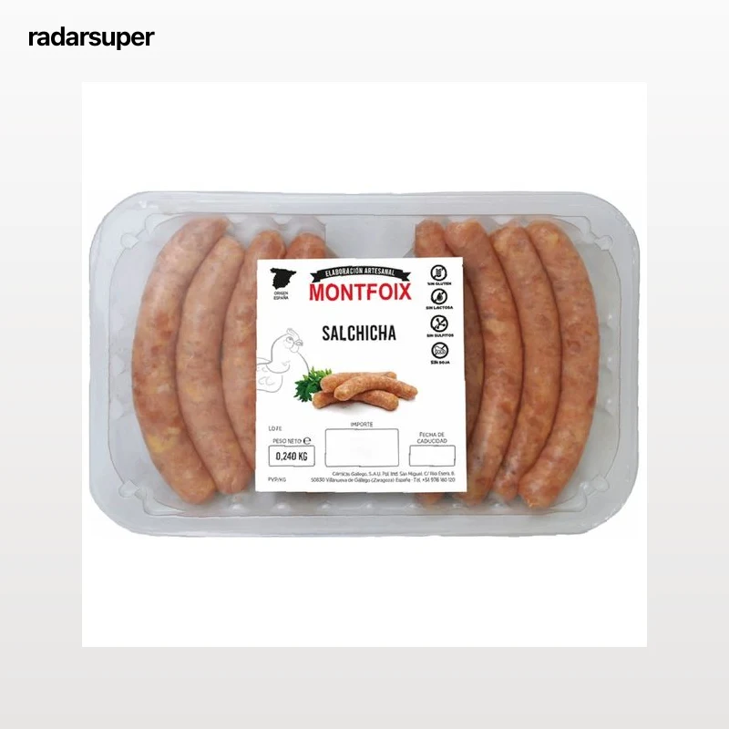 Bandeja con salchichas frescas de pollo de origen español MONTFOIX 240 g.