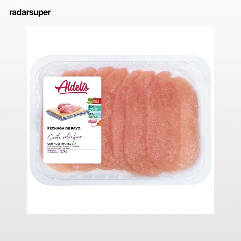 Bandeja con tierna y jugosa pechuga de pavo en filetes con corte extra fino ALDELÍS