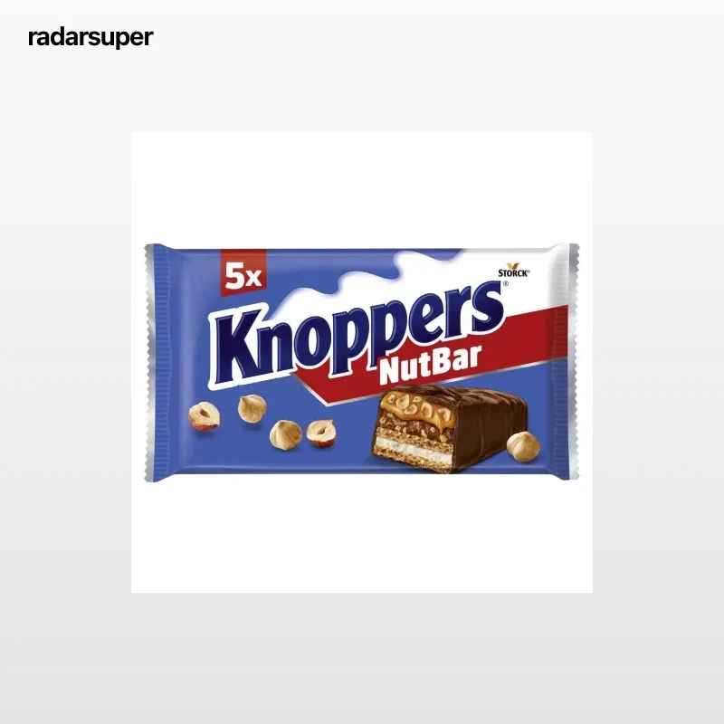 Barquillo con crema, avellanas picadas y caramelo cubierto con chocolate Knoppers Nutbar 200 g.
