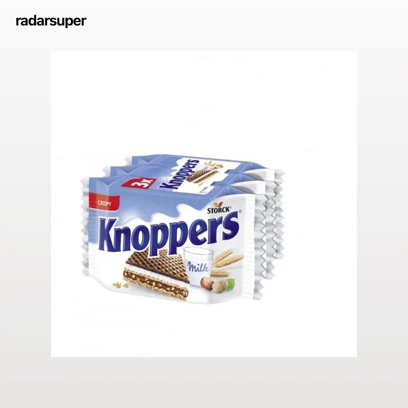 Barquillos rellenos de crema con leche y crema con praliné y cubierta al cacao Knoppers 3 unidades de 25 g.