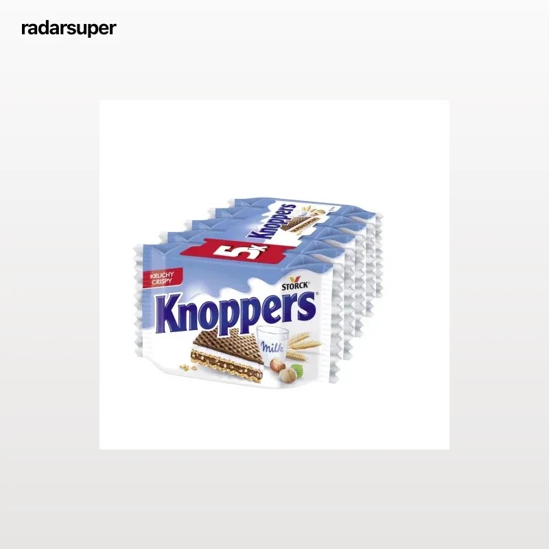 Barquillos rellenos de crema con leche y crema con praliné y cubierta al cacao Knoppers 5 unidades de 25 g.