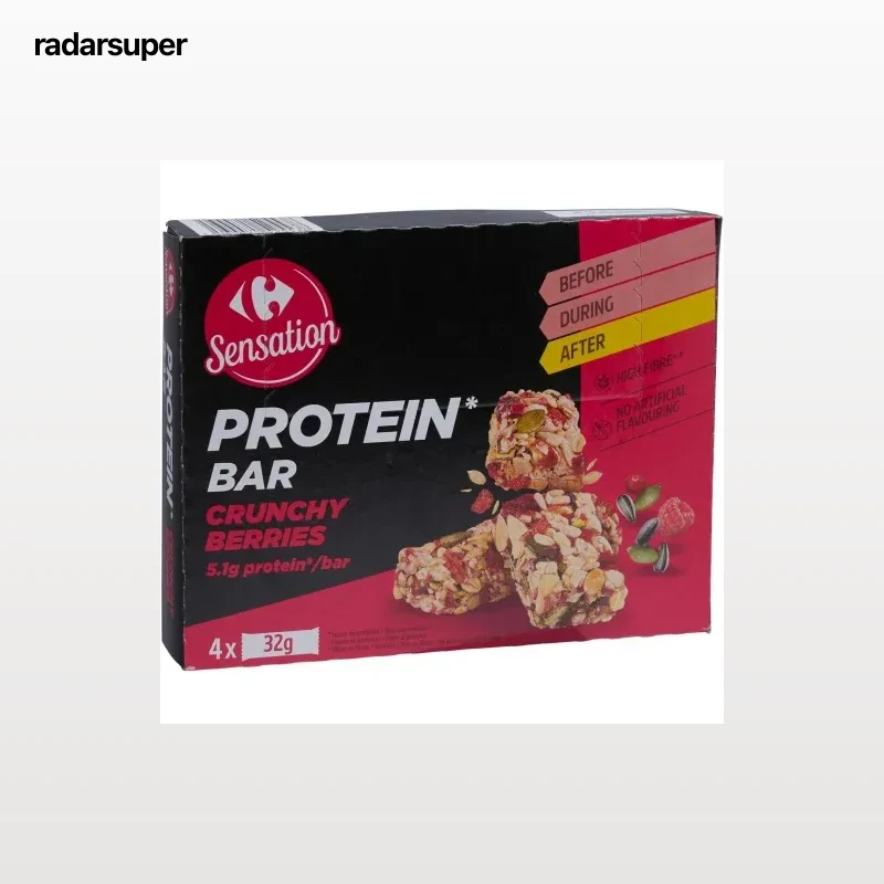 Barrita alta en proteína con frutos rojos Carrefour Sensation pack de 4 unidades de 32 g.