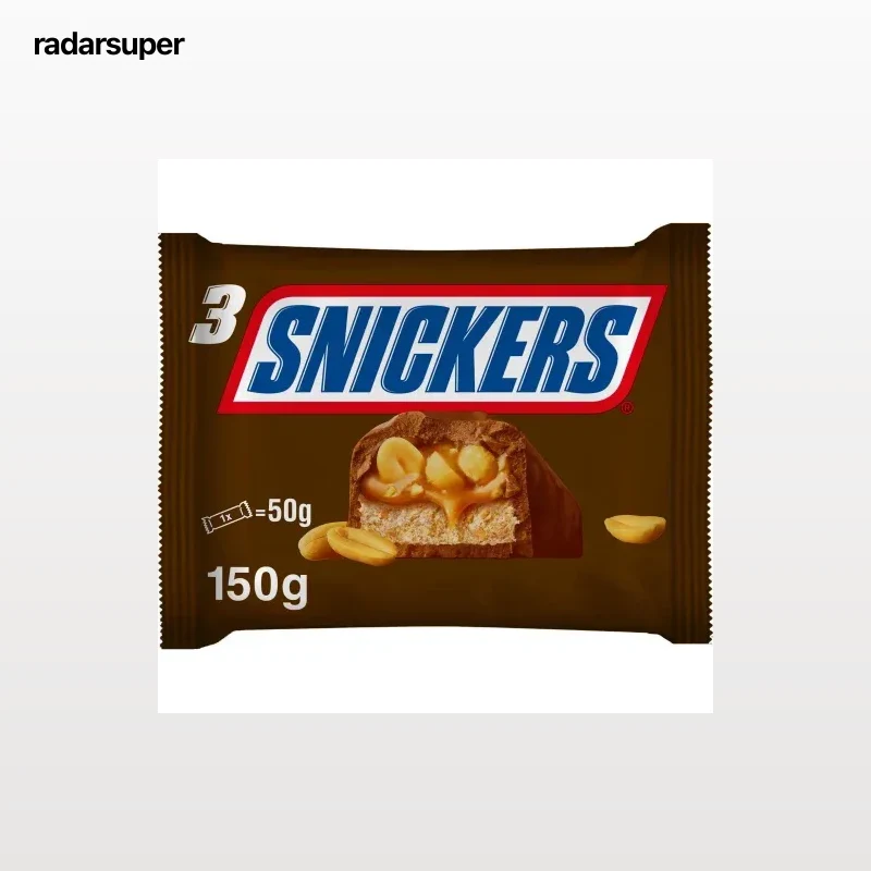 Barrita de chocolate con leche rellena de crema de cacahuete y caramelo Snickers pack de 3 unidades de 50 g.