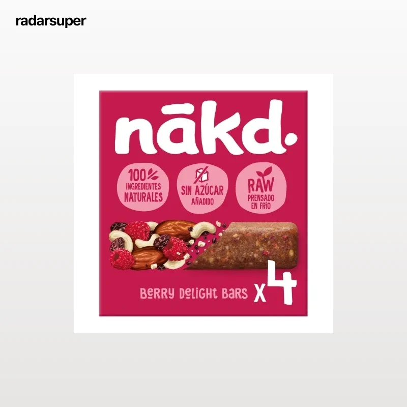 Barrita de frutas con frutos secos y frambuesas Nakd sin azúcar añadido 140 g.