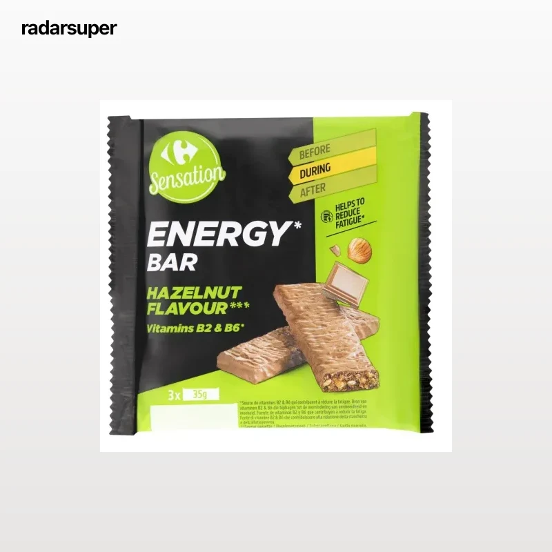Barrita energética con vitaminas sabor avellana Sensation Carrefour pack 3 unidades de 35 g.