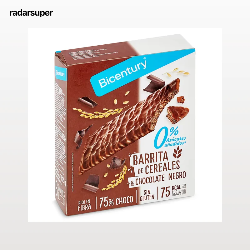 Barritas de cereales bañadas con chocolate negro sin azúcares Bicentury 102 g