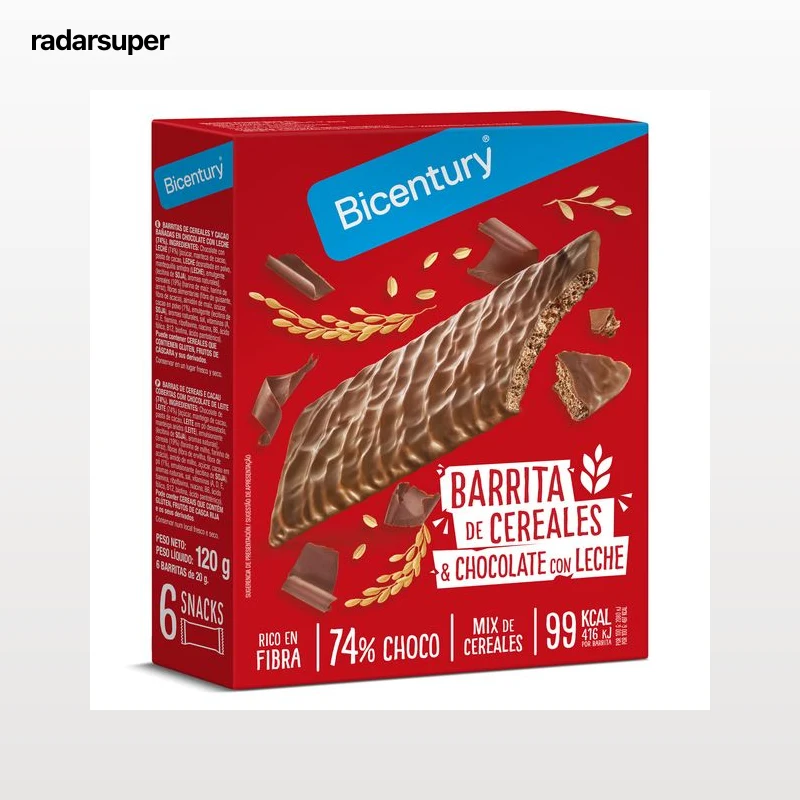 Barritas de cereales y cacao bañadas en chocolate con leche Bicentury 120 g