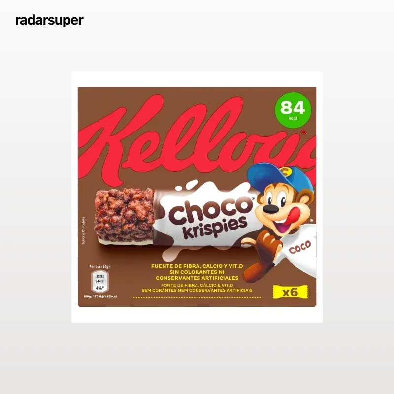 Barritas de arroz tostado con cacao y leche Choco Krispies Kellogg's pack de 6 unidades de 20 g.