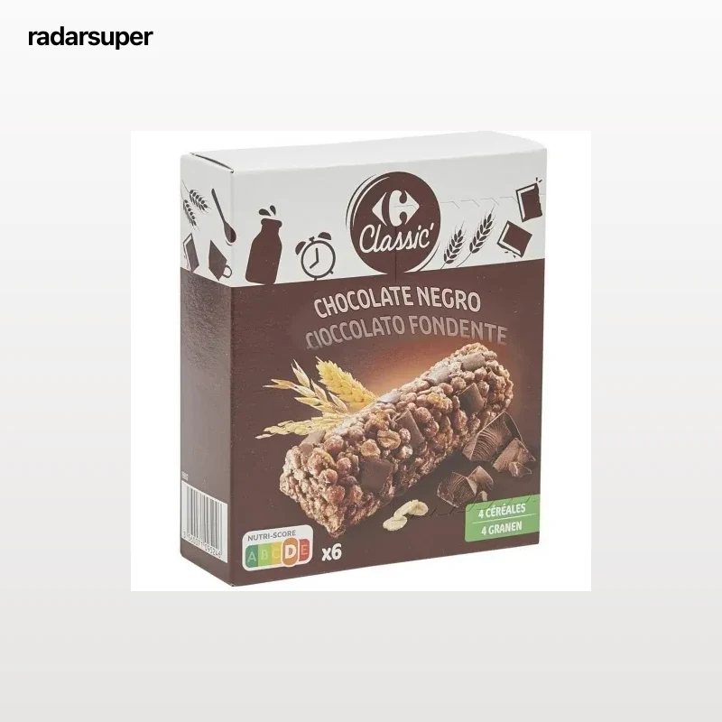 Barritas de cereales con chocolate Carrefour Classic pack 6 unidades de 21 g.