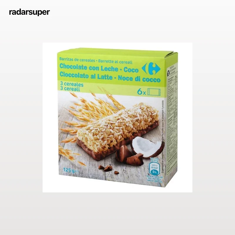 Barritas de cereales con chocolate con leche y coco Carrefour 6 unidades de 20,83 g.