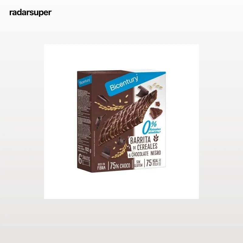 Barritas de cereales con chocolate negro Bicentury Sarialís sin gluten y sin azúcar añadido pack de 6 unidades de 14,5 g.