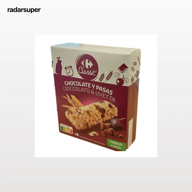 Barritas de cereales con chocolate, uvas y pasas Carrefour 6 unidades de 21 g.