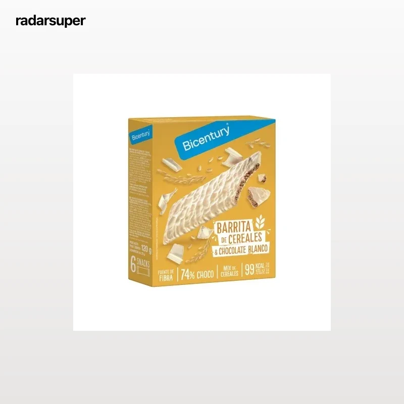 Barritas de chocolate blanco y cereales Bicentury 120 g.