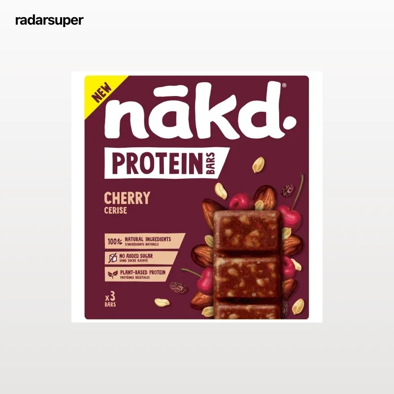 Barritas de fruta con frutos secos y cerezas altas en proteína  Nakd sin azúcar añadido 135 g.