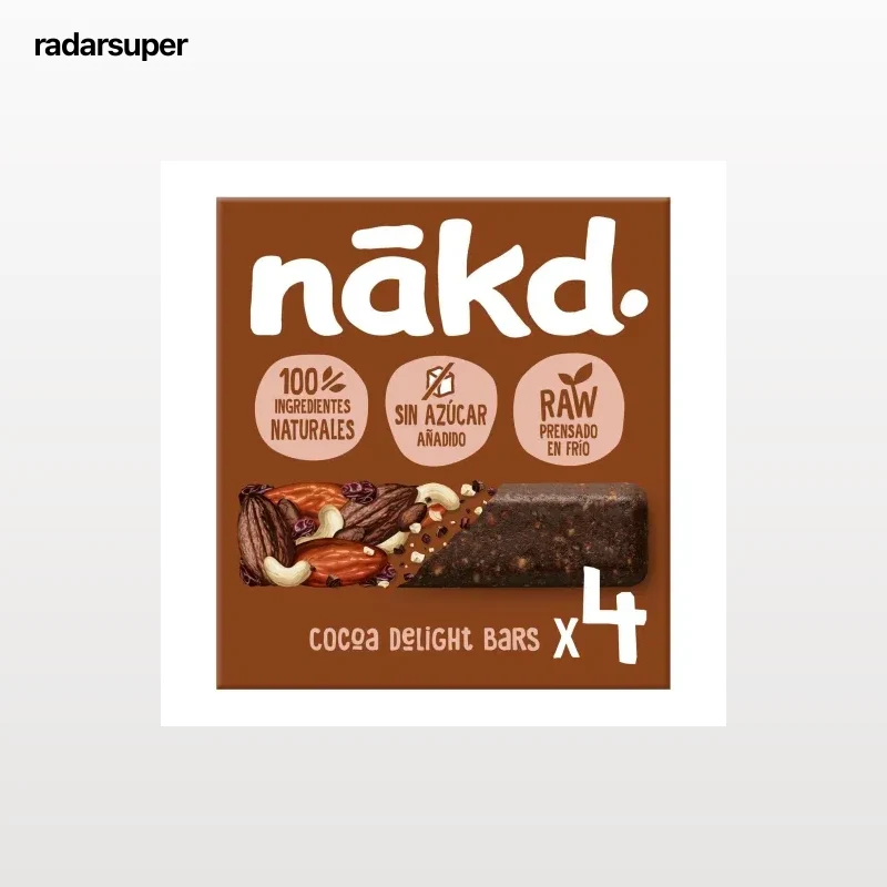 Barritas de fruta y frutos secos con cacao nakd sin azúcar añadido 140 g.