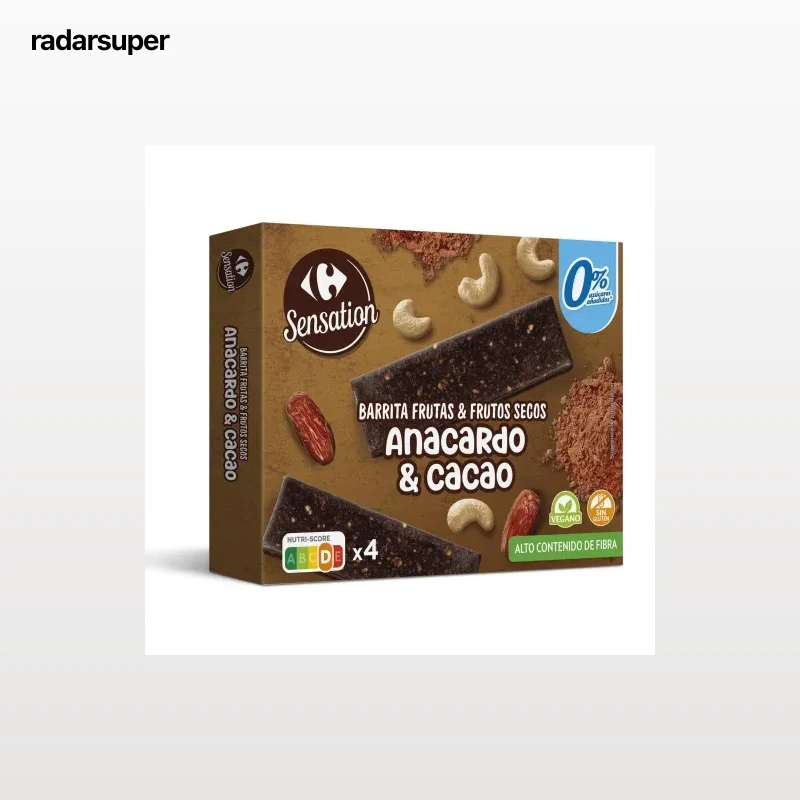 Barritas de frutas y frutos secos con chocolate Carrefour Sensation sin gluten y sin azúcar añadido 120 g.